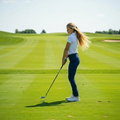 Female golfer performing her pre-shot routine on a golf course