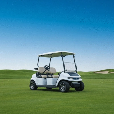 Solar-powered golf cart on a green course, clean image