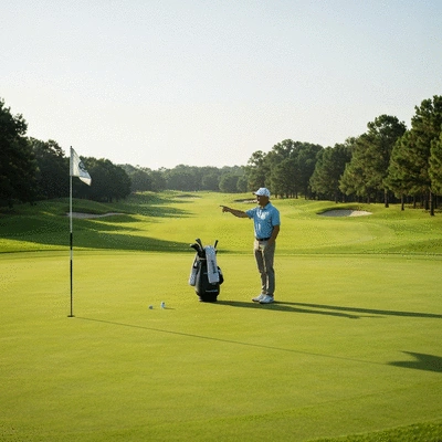 Golfer on a green analyzing the course with a caddy, strategic planning, no text, no words, no typography
