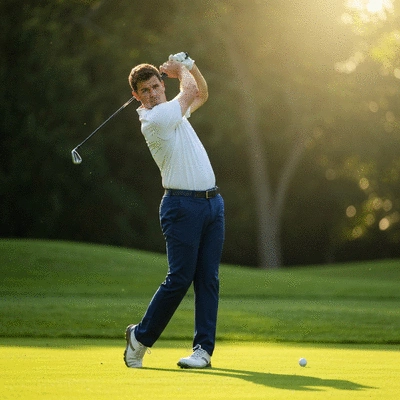 Golfer demonstrating a descending blow with an iron, showing divot after ball contact
