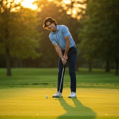 Golfer making a putt on a green at sunset