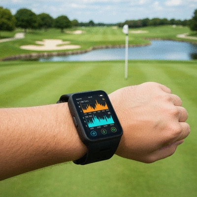 Modern golf wearable tech device on a golfer's wrist, showing analytics on a screen