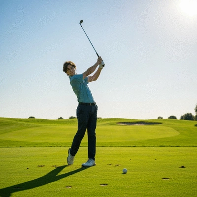 Beginner golfer confidently swinging a golf club on a green, with golf course in background
