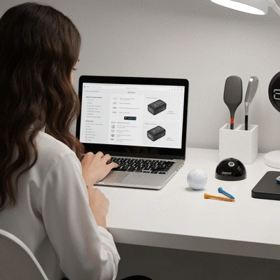 Person researching golf tech devices on a laptop, with golf accessories nearby