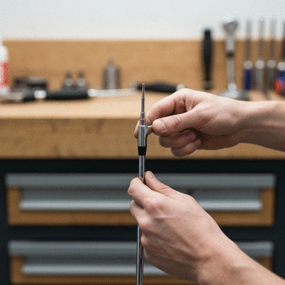 Close-up of hands assembling a custom golf club, focusing on the grip and shaft