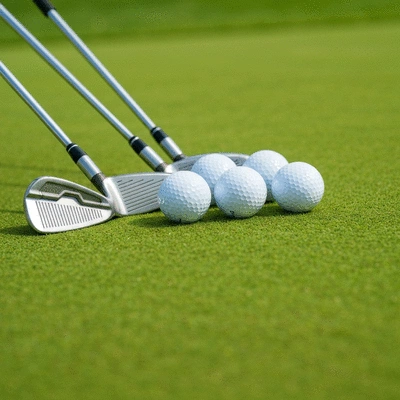 A set of golf clubs and golf balls neatly arranged on a vibrant green golf course, no text, no words, no typography, clean image