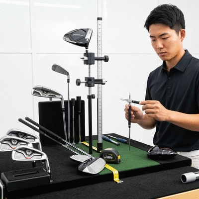 Professional golf club fitting session with various clubs and measuring equipment