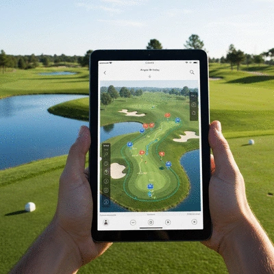 Futuristic golf course visualization with augmented reality overlays on a tablet, showing distances and hazards. No text, no words, no typography, no labels, clean image.
