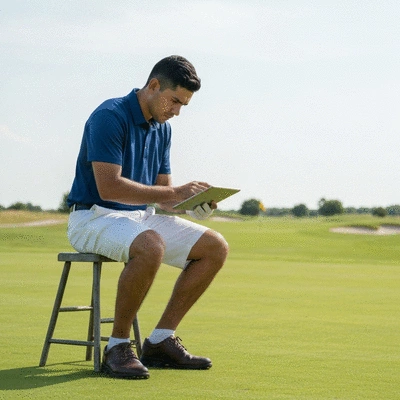 Golfer analyzing data on a tablet, with golf course in background