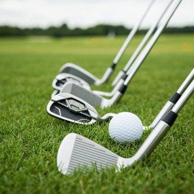 Detailed close-up of golf clubs and a golf ball on a driving range, ready for practice