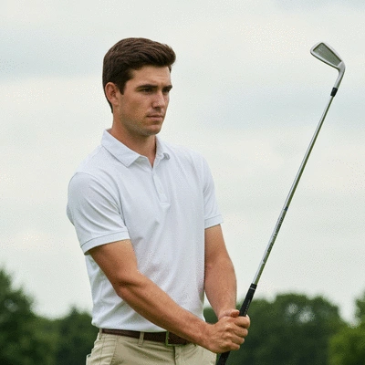 Golfer focusing intently on the golf course, with a calm and determined expression, golf club in hand, under a slightly overcast sky, no text, no words, no typography, 8K