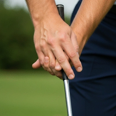 Close-up of a golfer's hands on a golf club grip, showing proper grip technique
