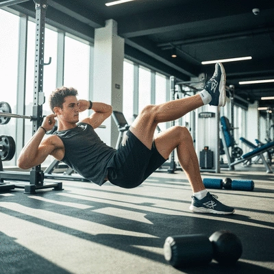 Athlete performing golf-specific fitness exercises, focusing on core strength and flexibility