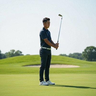 Professional golfer practicing mindfulness and visualization on a golf course, serene environment, natural lighting, no text, no words, no typography, clean image