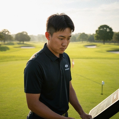 Professional golfer using a launch monitor to measure swing speed on a golf course
