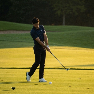 Professional golfer practicing a swing on a green, focus on technique