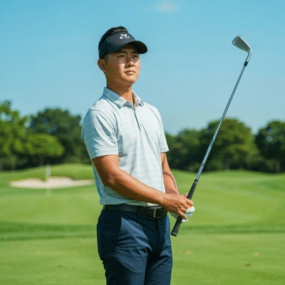 Golfer holding a golf club on a course with a blurred background