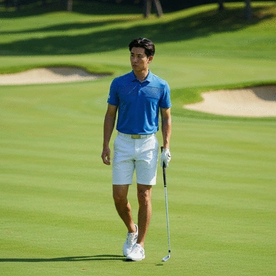 Stylish golfer on a green course, wearing modern, performance-enhancing golf apparel, no text, no words, no typography, clean image
