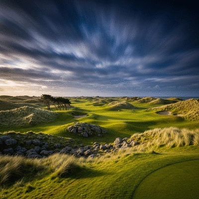 Coastal links golf course with rugged terrain and minimal trees