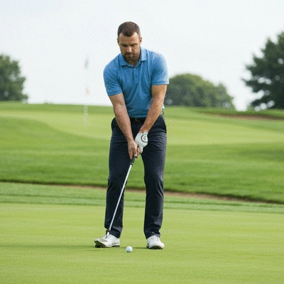 A golfer on a green course, holding a golf club, with a golf ball nearby, no text, no words, no typography, clean image