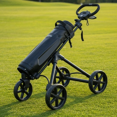 Close-up of a golf push cart's storage pouch with golf balls and tees