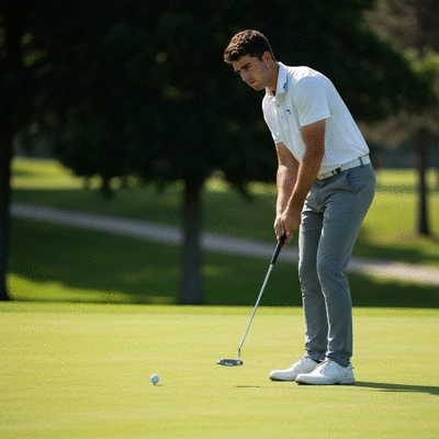 A golfer lining up a putt on a green, showing focus and precision, with a golf ball in the foreground