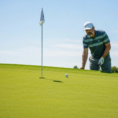 Golfer analyzing the slope of a putting green with a golf ball in the foreground
