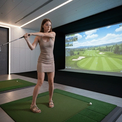 Person using a golf simulator indoors, swinging a golf club, with virtual course projected on screen, no text, no words, no typography, clean image