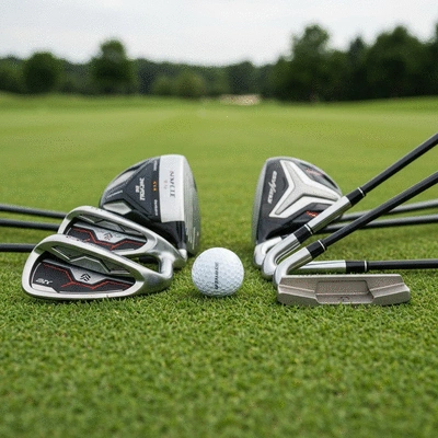 Modern golf clubs and a golf ball on a golf course