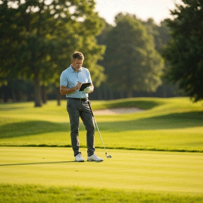 Amateur golfer thoughtfully planning a shot on a golf course, looking at a notepad, with a club in hand, no text, no words, no typography, clean image