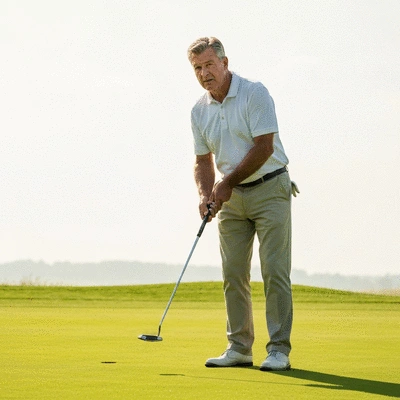 Golfer holding a putter, looking at the green