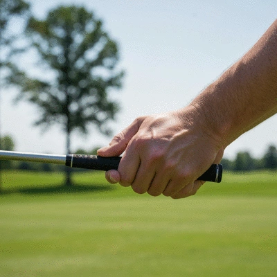 Detailed close-up of a golfer's hands on a club, demonstrating proper grip, on a golf course with soft focus background