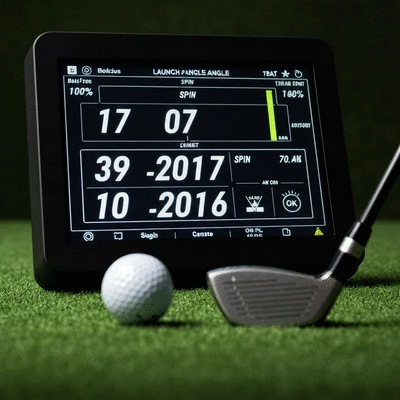 Close-up of a golf launch monitor displaying various golf metrics like ball speed and spin, with a golf ball and club in the foreground, no text, no words, no typography, clean image