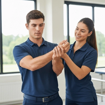 Professional golfer stretching their wrist with a physical therapist, focusing on recovery exercises, natural lighting, no text, no words, no typography, clean image