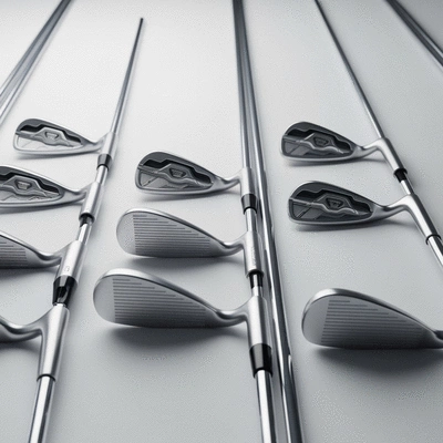 Modern golf irons laid out on a clean, light background