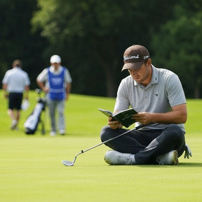 Professional golfer reading a yardage book on a green with a caddy in the background, focused expression, no text, no words, no typography, clean image