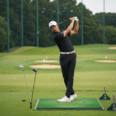 Professional golfer practicing shot selection on a driving range, focused and precise, no text, no words, no typography
