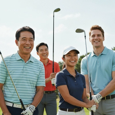 Diverse group of golfers interacting in a virtual golf league setting, smiling and engaged, showing community and competition, no text, no words, no typography, clean image
