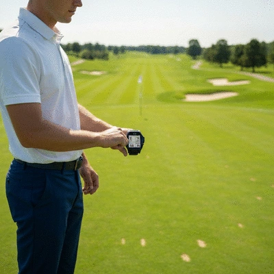 Golfer using a GPS watch on the course, showing data on screen