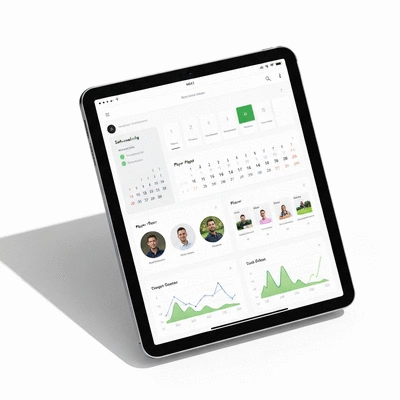 Modern golf course management software interface on a tablet, showing scheduling and analytics
