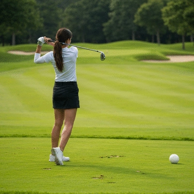 Golf player practicing their swing on a golf course, clear focus on the swing, no text, no words, no typography, no labels, clean image