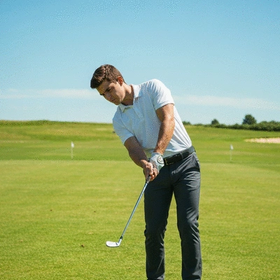 Golfer practicing their swing on a driving range, focused and determined, clear weather, no text, no words, no typography