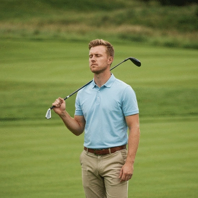 Golfer visualizing a perfect shot on a windy course, eyes closed, club resting on shoulder, serene golf course background, no text, no words, no typography, 8K