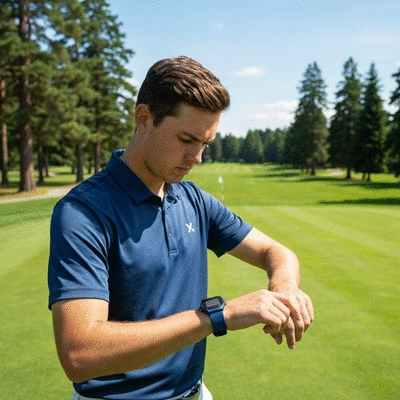 Golfer wearing a GPS watch on a golf course, looking at the display