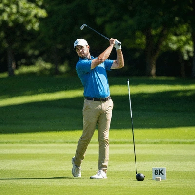 Golfer practicing swing with alignment sticks on a golf course