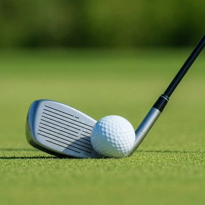 Close-up of a golf club making clean contact with a golf ball at impact position, with a blurred green background