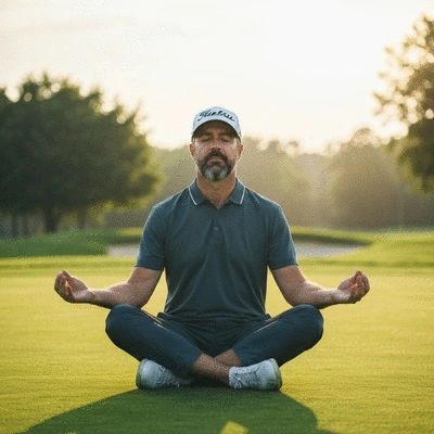Golfer meditating on a serene golf course
