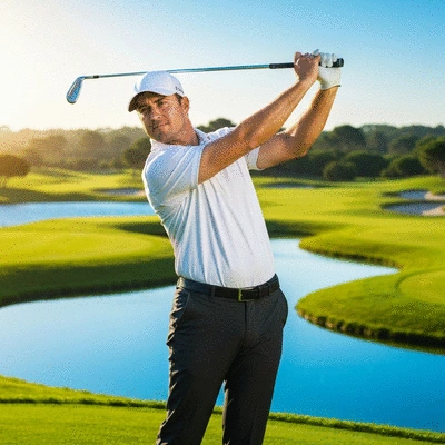 Professional golfer demonstrating relaxed arm position during a golf swing