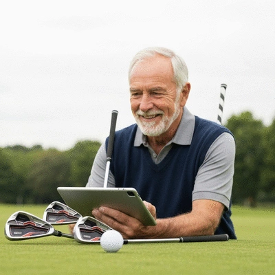 Golfer using a launch monitor to analyze their swing data on a tablet, with golf clubs and a golf ball in the foreground, clean image, no text, no words, no typography