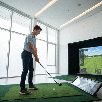 Modern golf simulator with a golfer practicing their swing